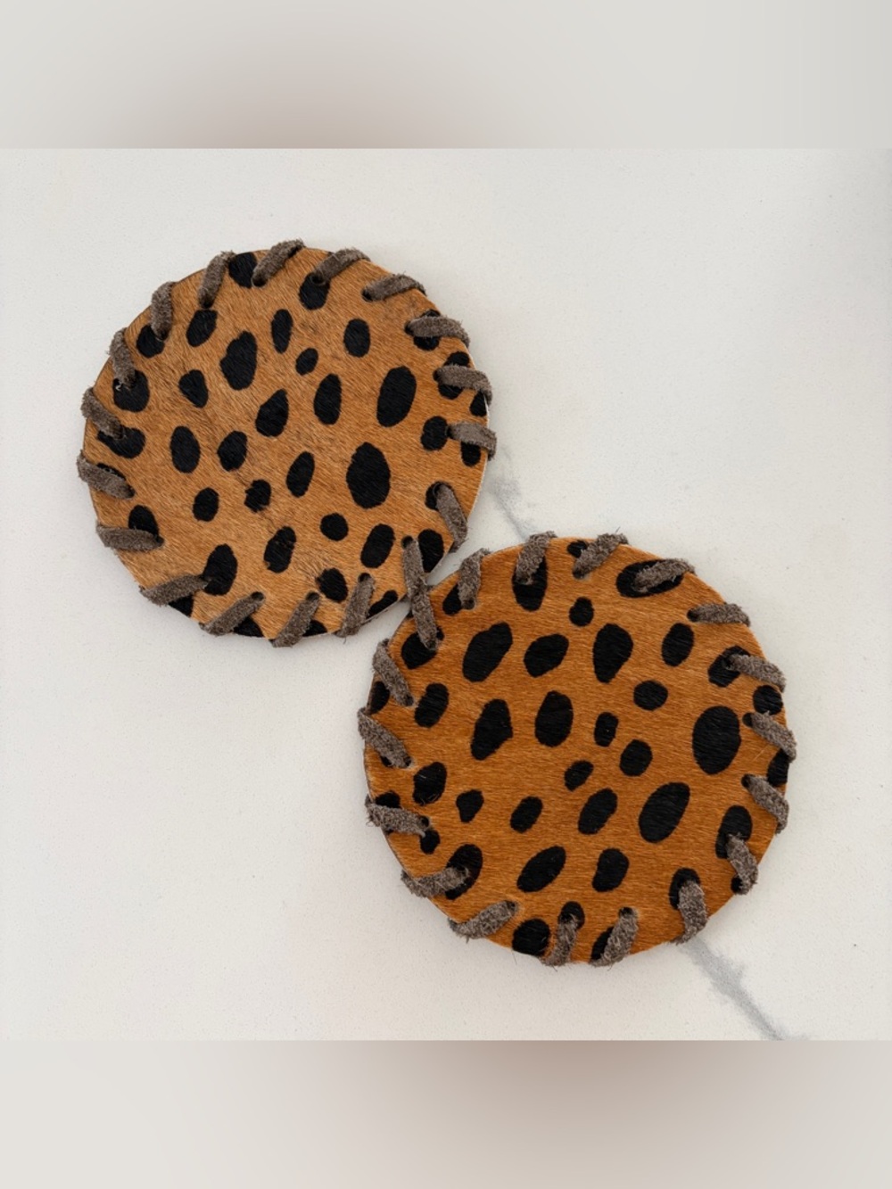 Handmade Brown Suede Round Coasters - Set of 2 Leopard Ponyhair Calfhair